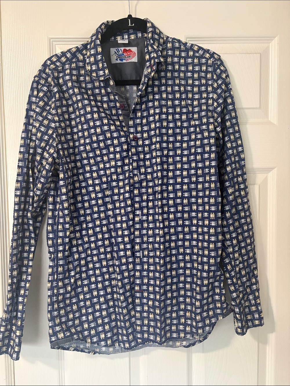 Desigual Men's Navy Blue and White people Patterned Button-Down Shirt